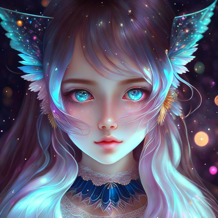 Vibrant digital art of girl with expressive eyes and cosmic background