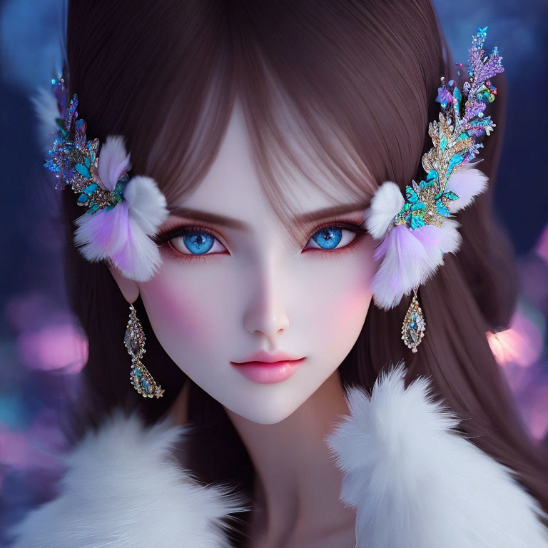 Digital Artwork: Female Character with Blue Eyes and Jeweled Earpieces