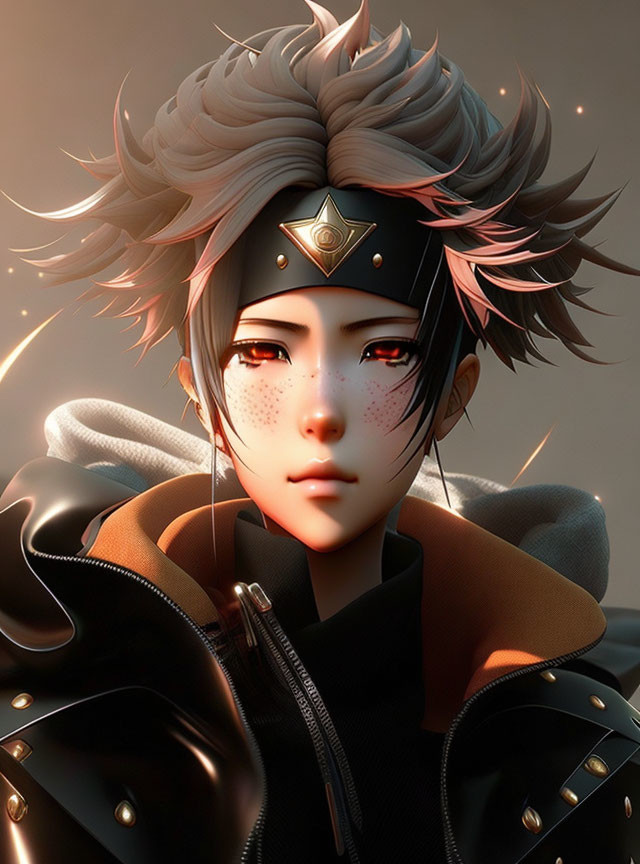 Animated character with spiked pink and black hair, red eyes, freckles, headband, st