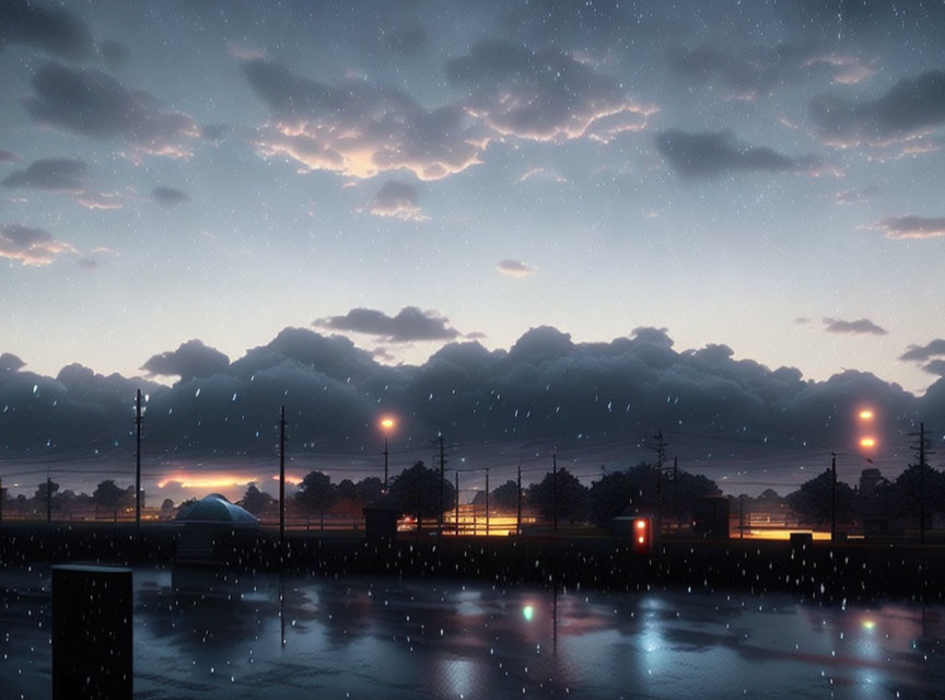 Nighttime cityscape with streetlights, wet pavement, starry sky, clouds, and dawn hint