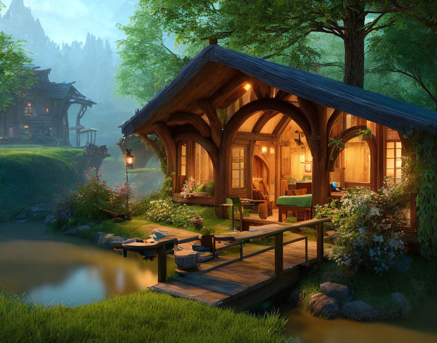 Blue-roofed cottage in lush green landscape with pond and lanterns