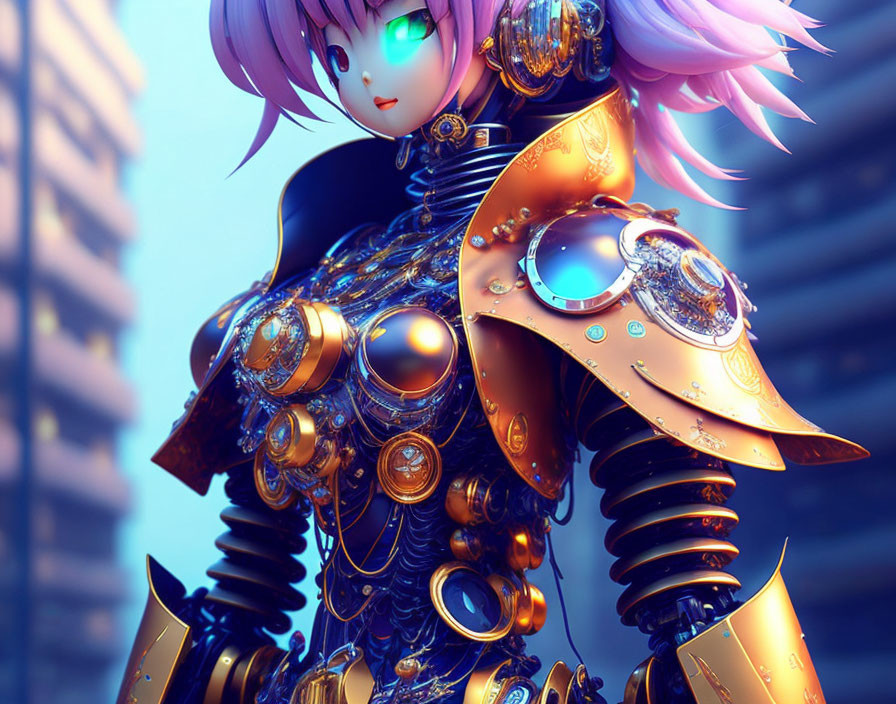 Colorful digital artwork: character with pink hair in gold and blue armor, intricate mechanical details, and