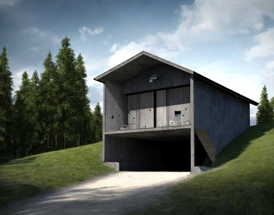 Modern Concrete House with Slanted Roof on Grassy Hill