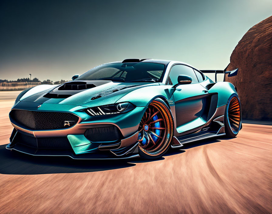 Metallic Teal and Black Sports Car with Rear Wing on Desert Road