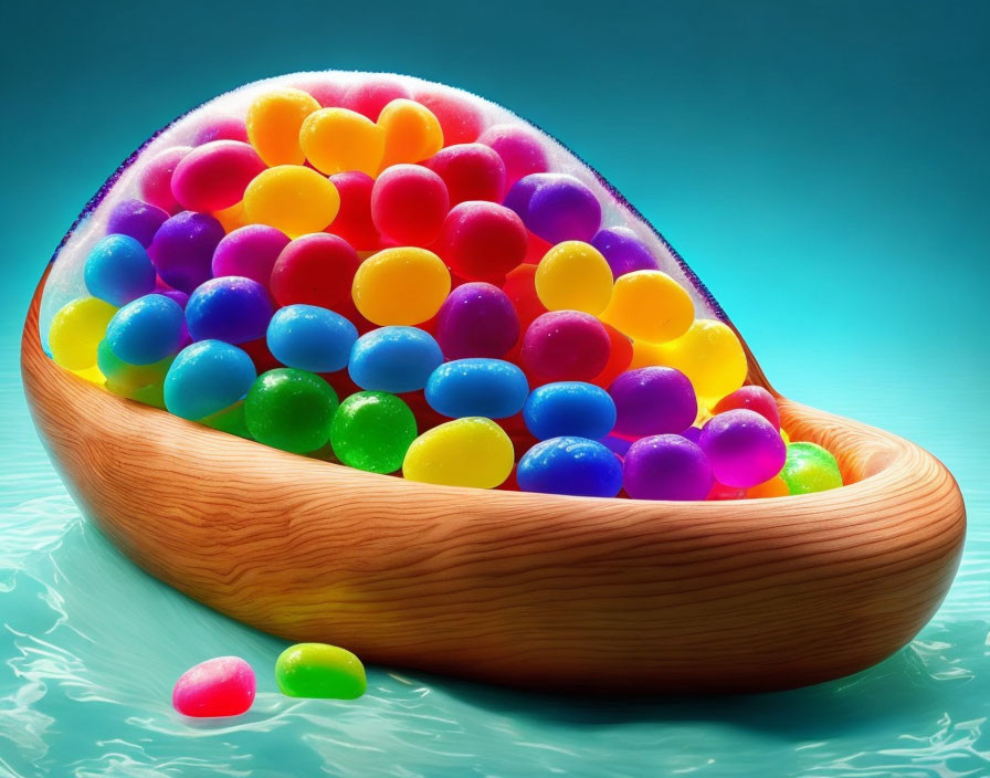 Colorful Candy Balls Floating in Wooden Boat on Water with Droplets