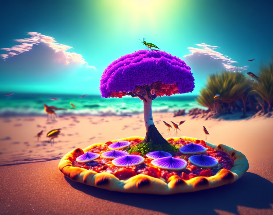 Colorful beach scene with pizza tree and surreal elements