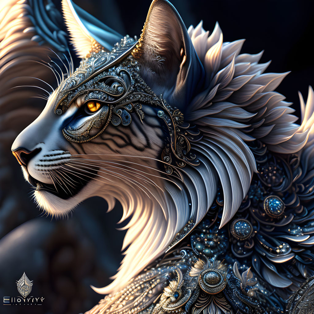 Digital artwork: Majestic feline creature in ornate armor with intricate detailing