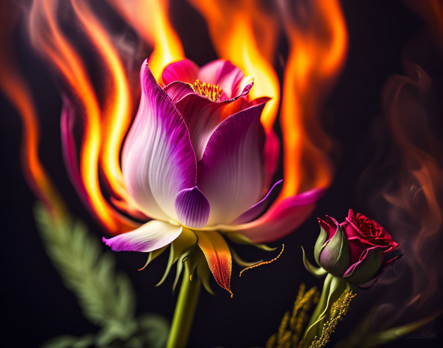 Vibrant lotus flower and bud against fiery backdrop contrast