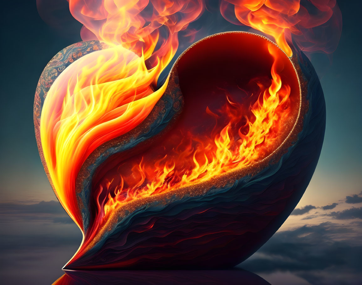 Stylized heart with flames on fiery texture against cloudy sky