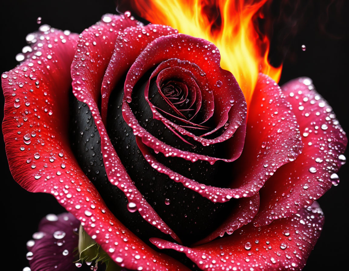 Vibrant red rose with water droplets and flames on dark background