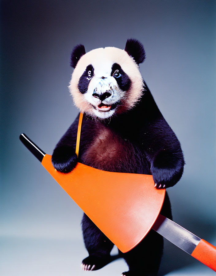 Person in Panda Costume Holding Traffic Cone Guitar on Light Blue Background