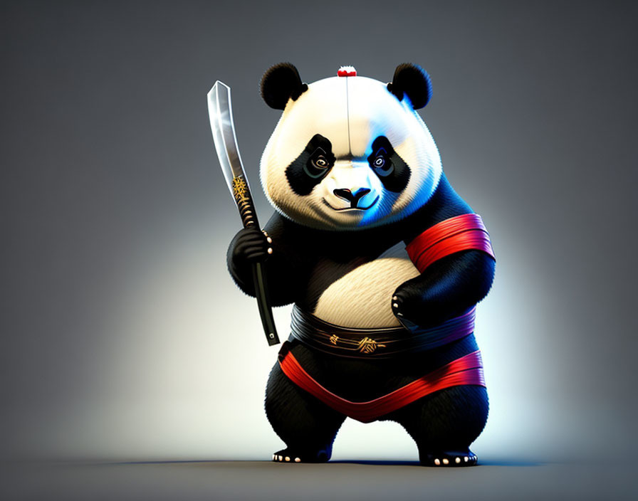 Digital illustration of panda with martial arts belt and sword