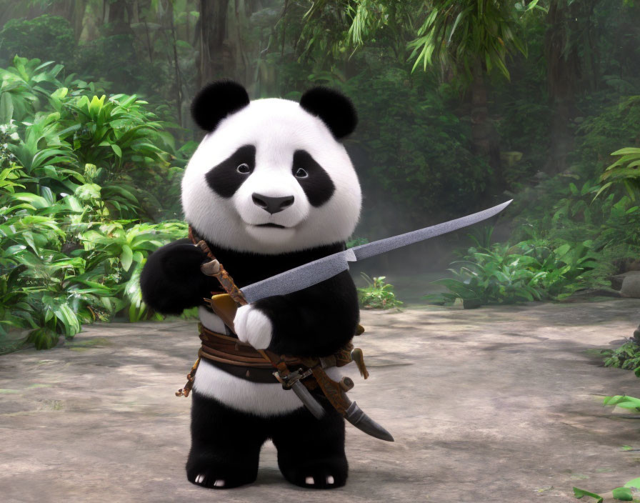 Animated panda with sword in misty forest setting