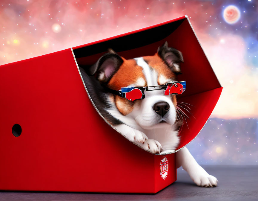 Adorable dog with 3D glasses in red folder on starry backdrop