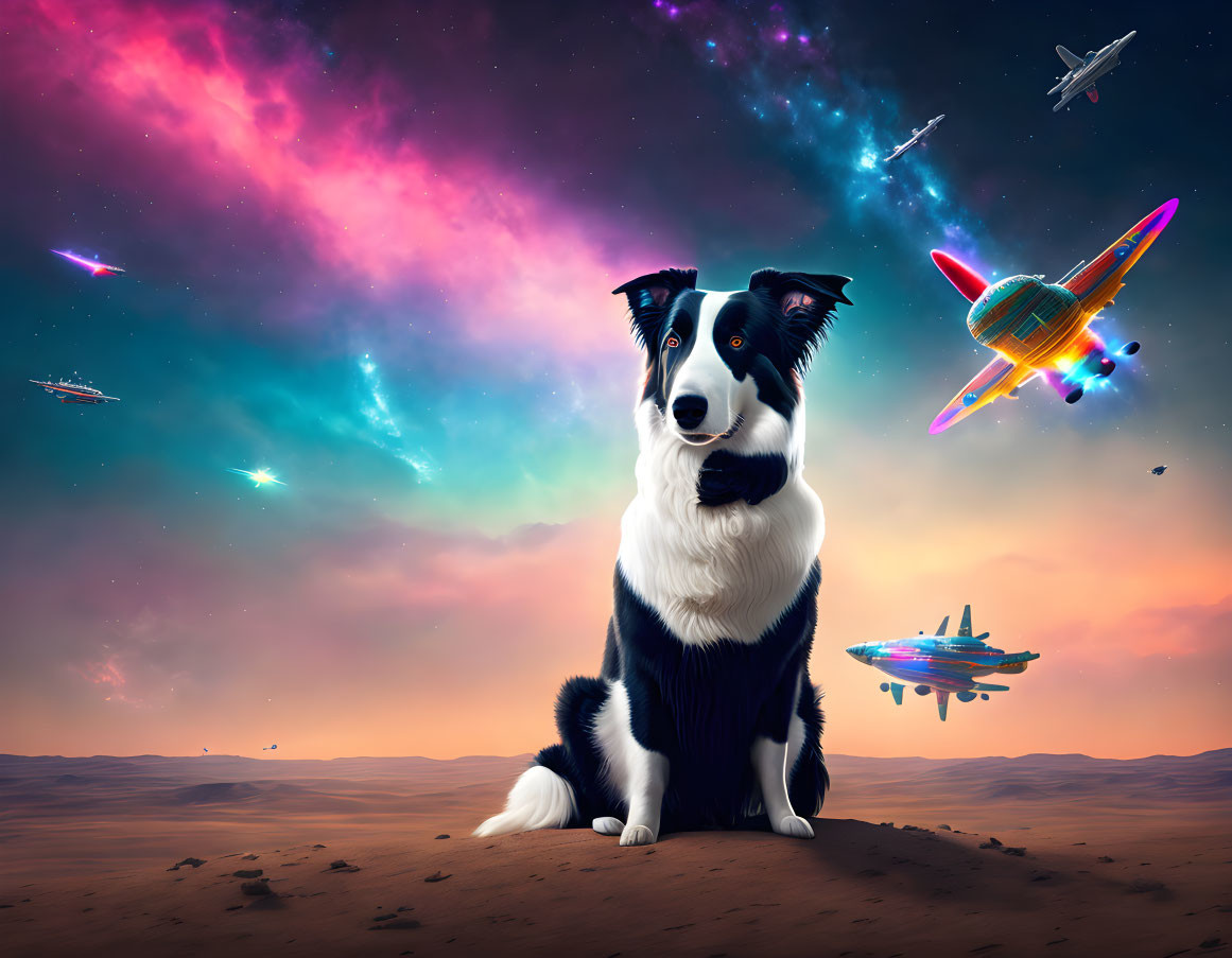 Border Collie in desert landscape under vibrant cosmic sky