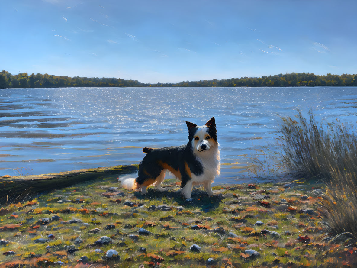 Tricolor Border Collie by Autumn Lake and Cloudy Sky