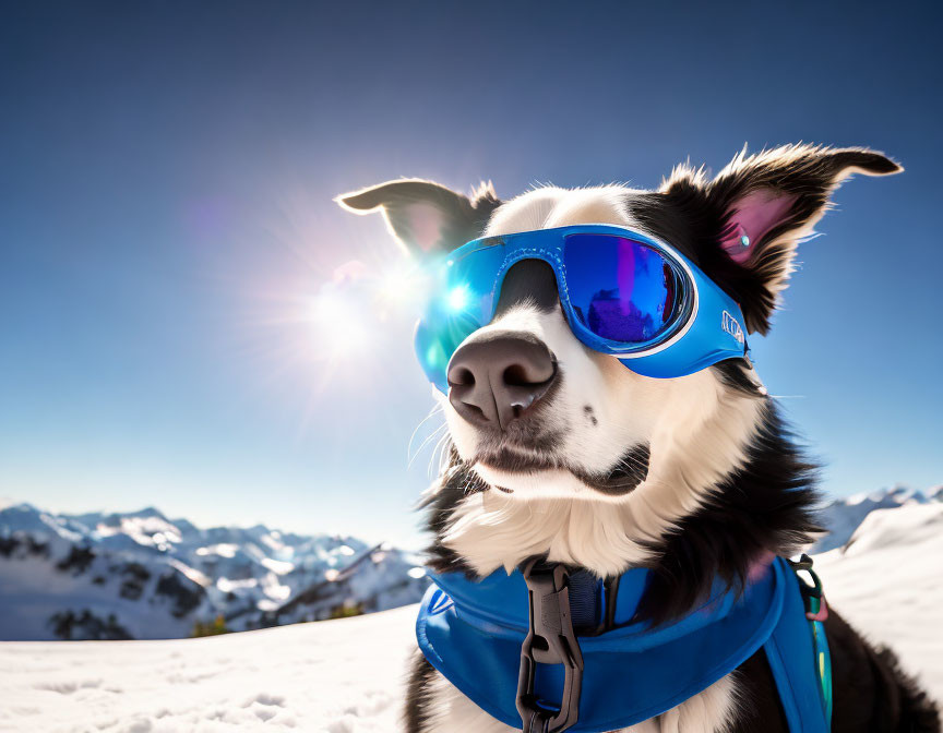 Dog in sunglasses and harness against snowy mountains under clear blue sky