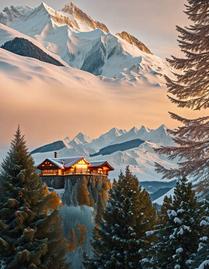 Snow-covered pines frame a cozy mountain lodge at sunset