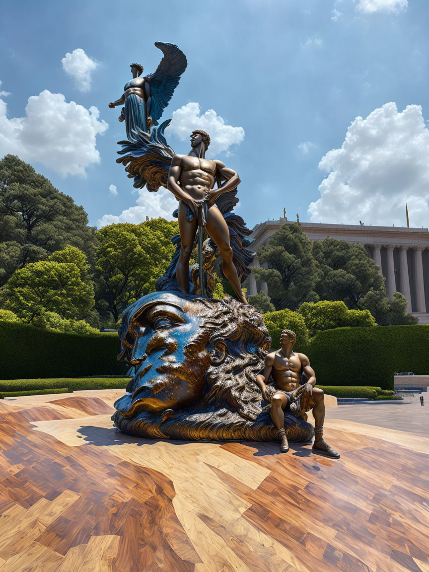 Mythological sculpture on lion-headed plinth under blue sky