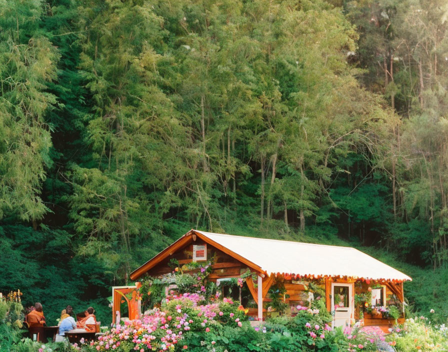 Rustic wooden cabin in lush green forest with people outdoors