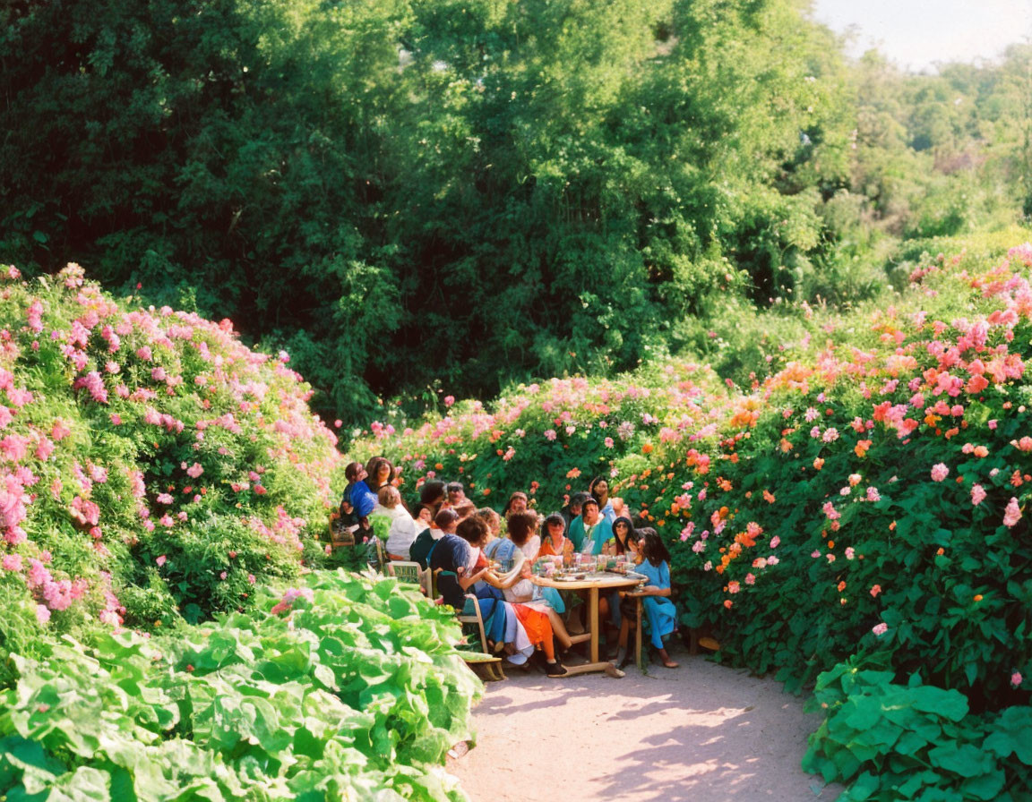 Outdoor dining surrounded by lush greenery and pink flowers