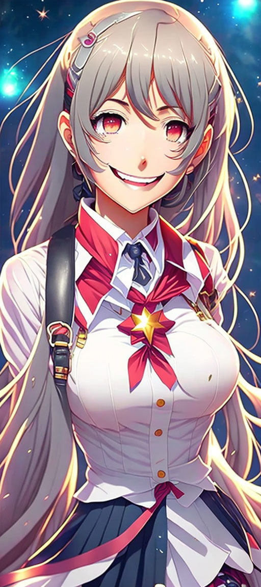 Anime girl with long silver hair in star uniform and celestial background