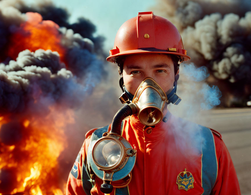 Firefighter in Red Helmet and Mask Facing Smoke and Flames