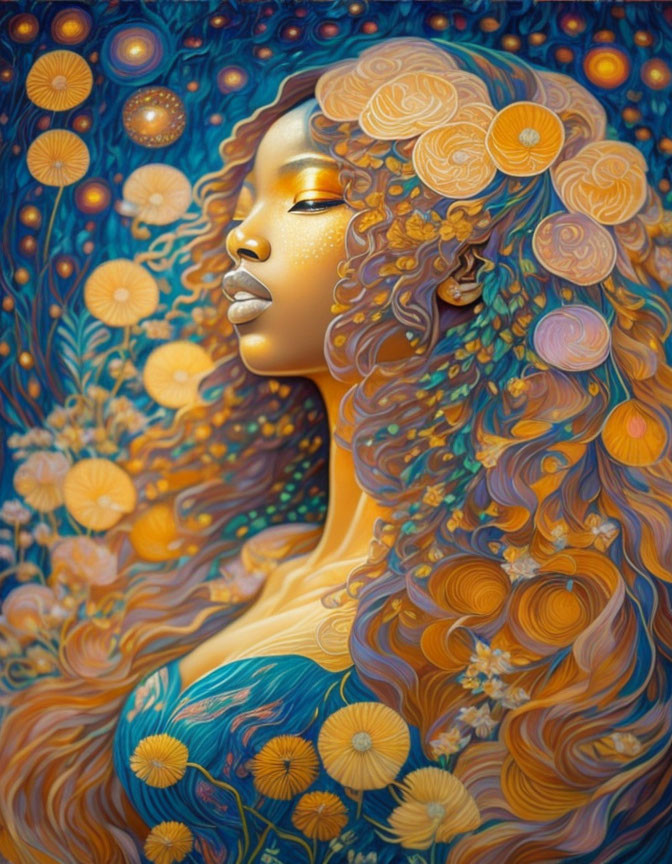 Illustration of Woman with Golden Hair and Blue Flowers in Celestial Setting