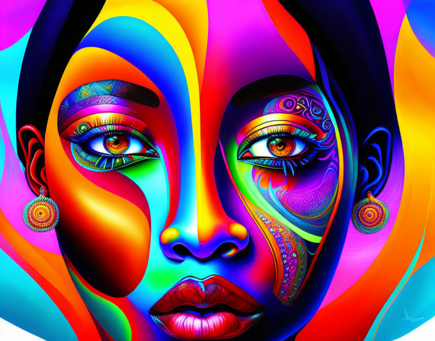 Colorful digital artwork: Woman's face with psychedelic patterns