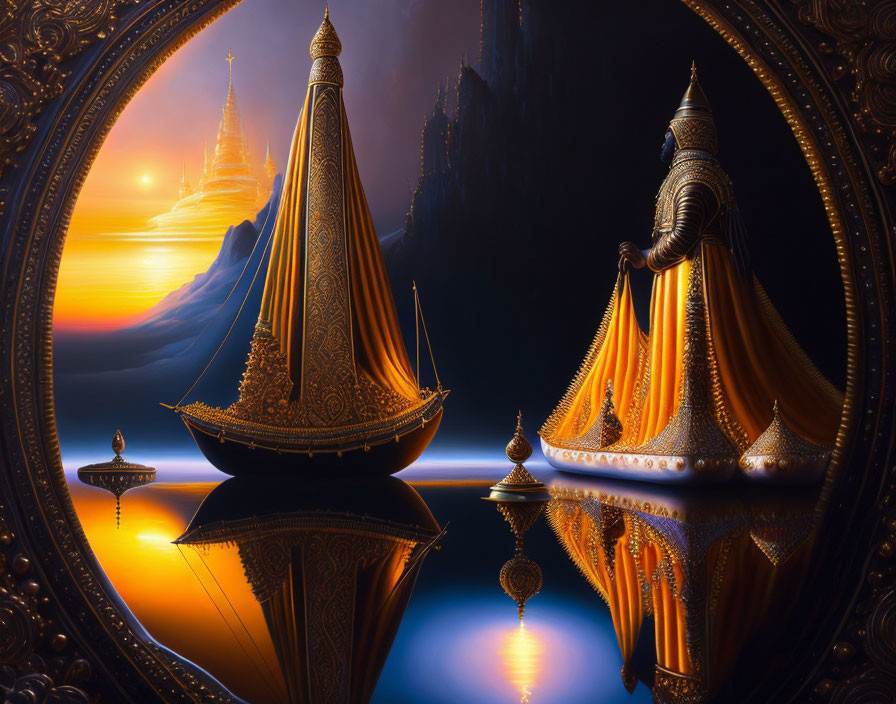 Surreal scene with ornate ships and robed figure by reflective water, mountains, sunset sky