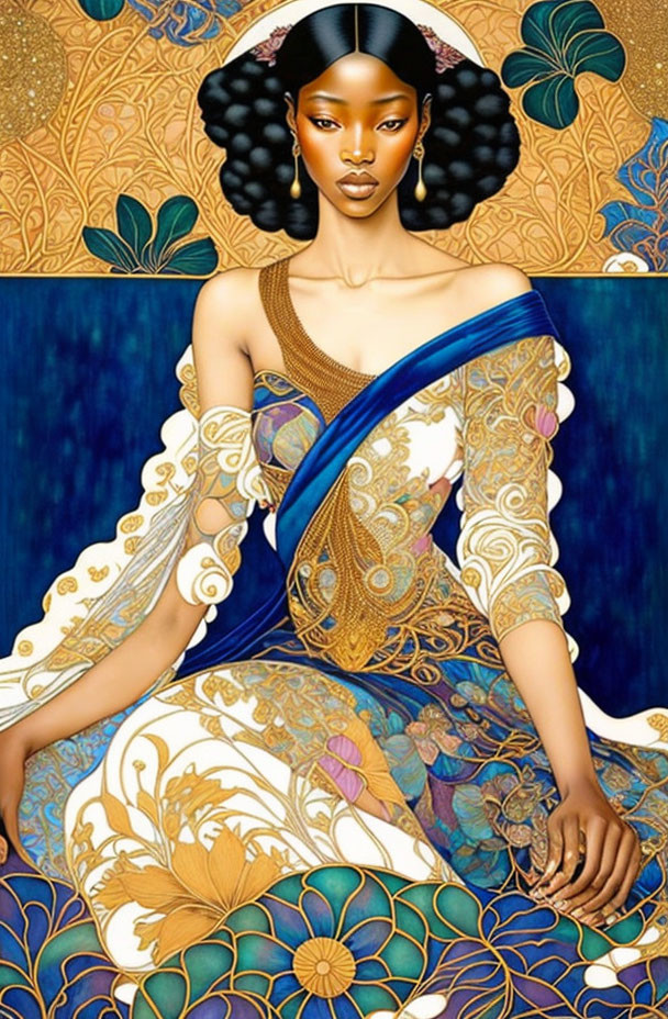 Elaborate gold and blue gown on woman in stylized illustration