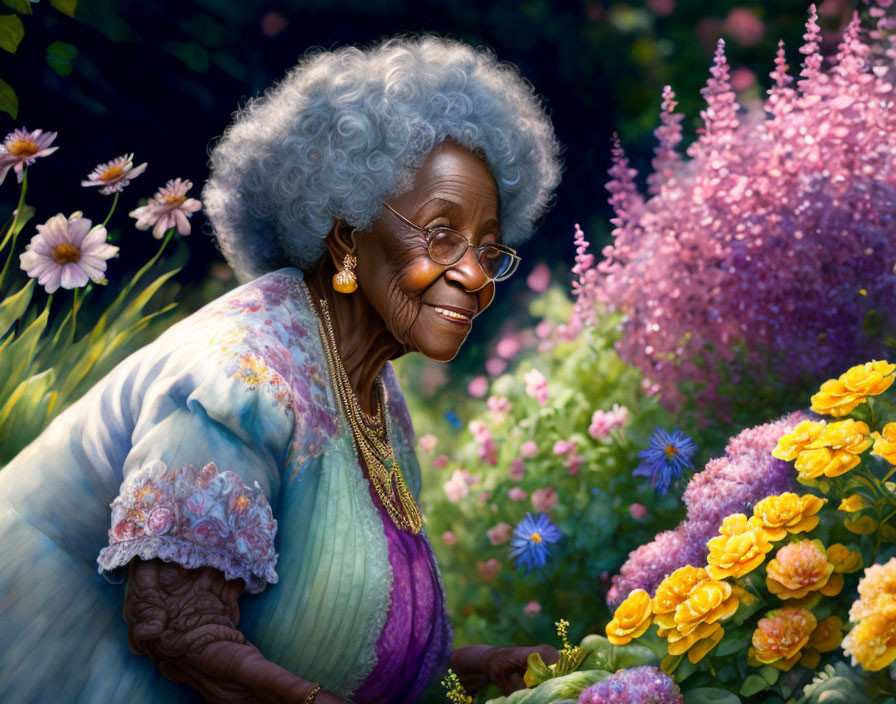 Elderly woman with white hair and glasses in vibrant garden scene