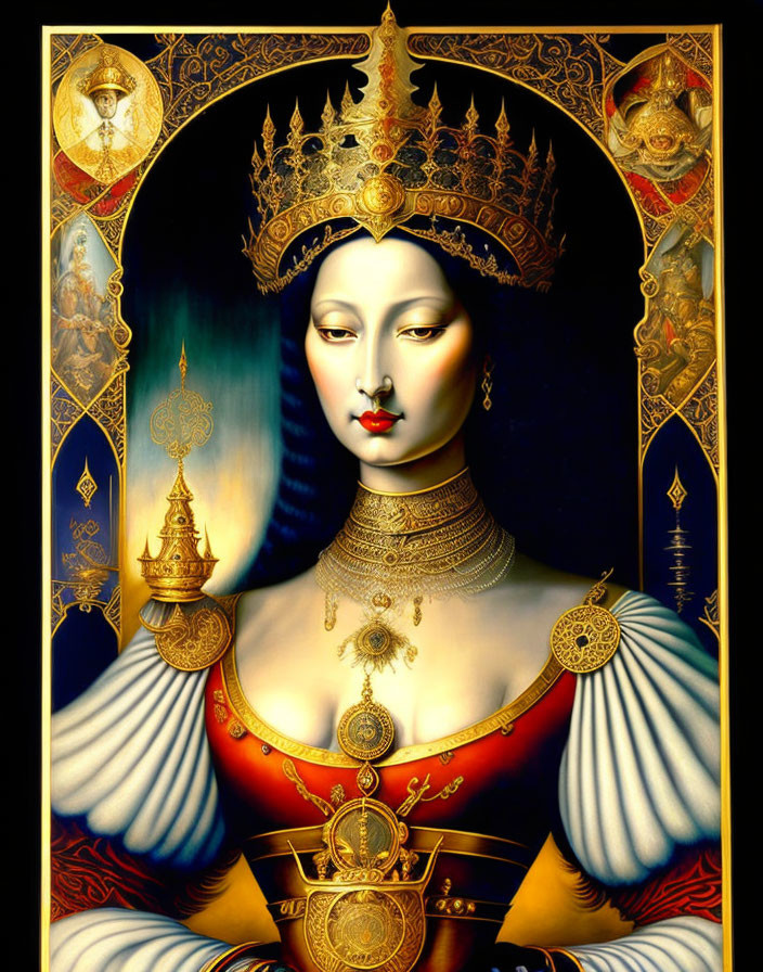 Regal figure with ornate crown and jewel-encrusted attire in golden borders.