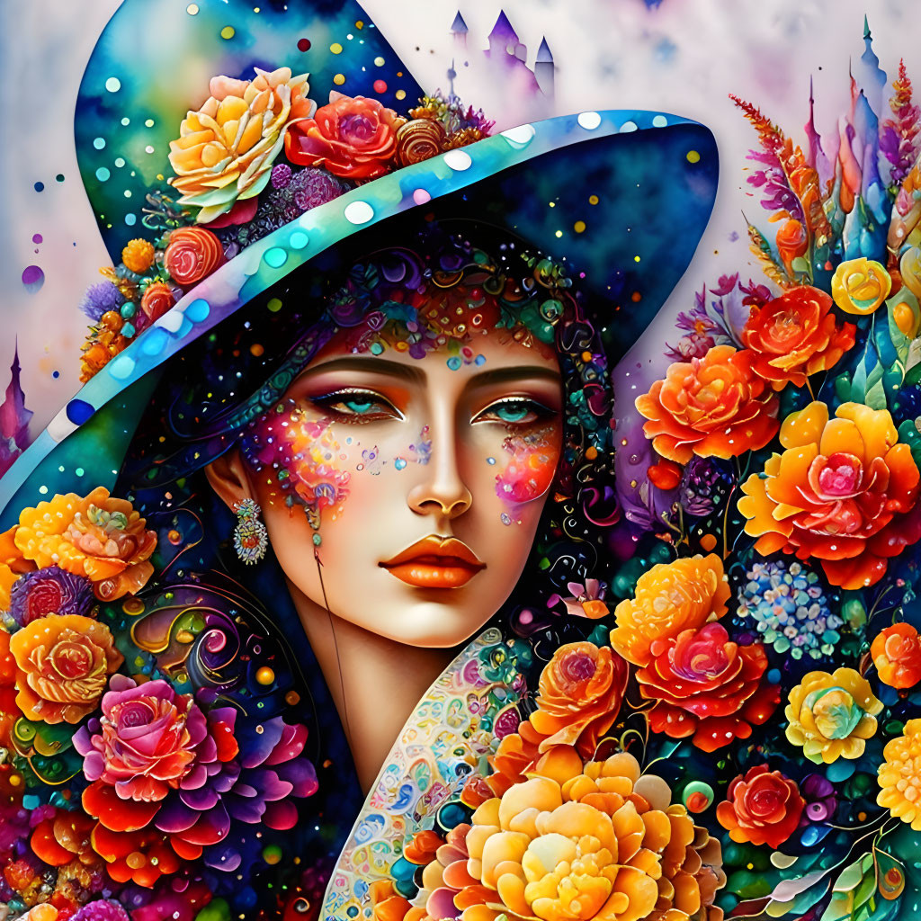 Colorful Woman with Floral Patterns Surrounded by Flowers and Fantasy Landscape