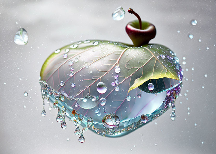 Digital image of leaf-shaped apple with water droplets and cherry-like fruit on bokeh background