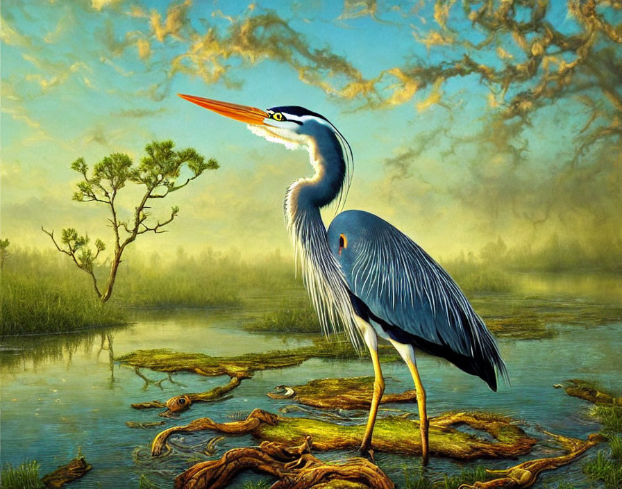 Great Blue Heron Standing by Twisted Roots in Tranquil Marsh