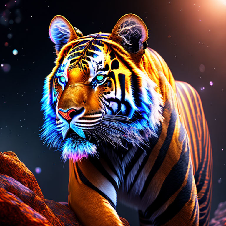 Vivid Neon Tiger Art in Blue and Orange Hues