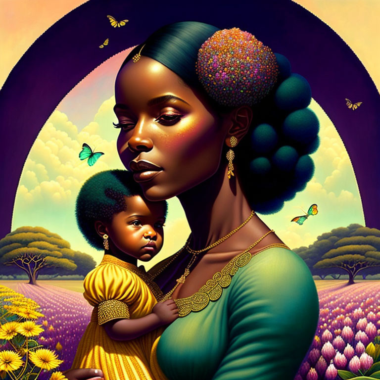 Colorful illustration of woman with afro holding child in sunset scene with flowers and butterflies