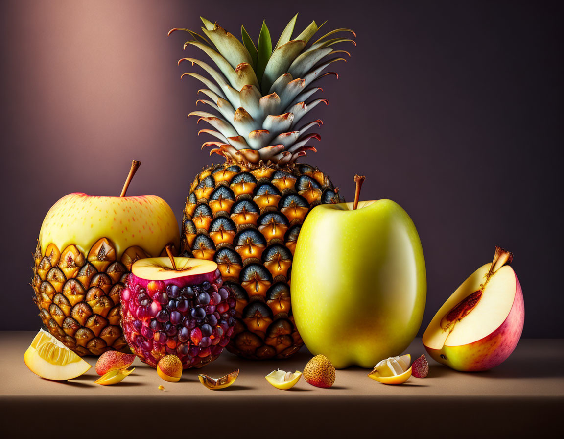 Hyper-realistic oversized fruit still life composition on dark background