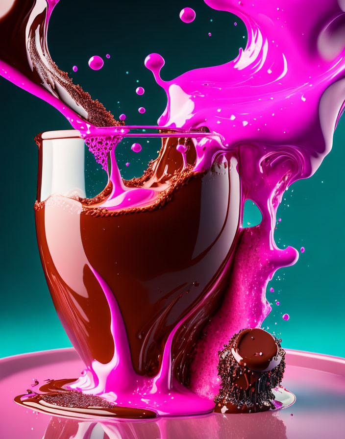 Colorful glass with chocolate and pink liquid splash, next to small dessert.