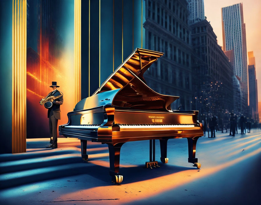 Grand piano and saxophone player on city street at sunset