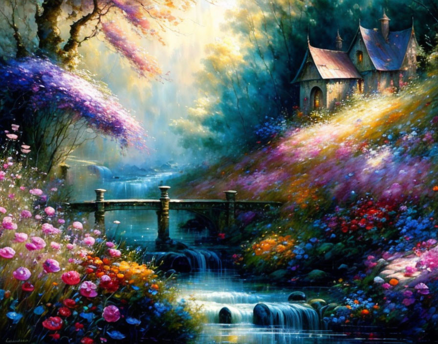 Colorful painting of mystical cottage by waterfall in sunlit setting