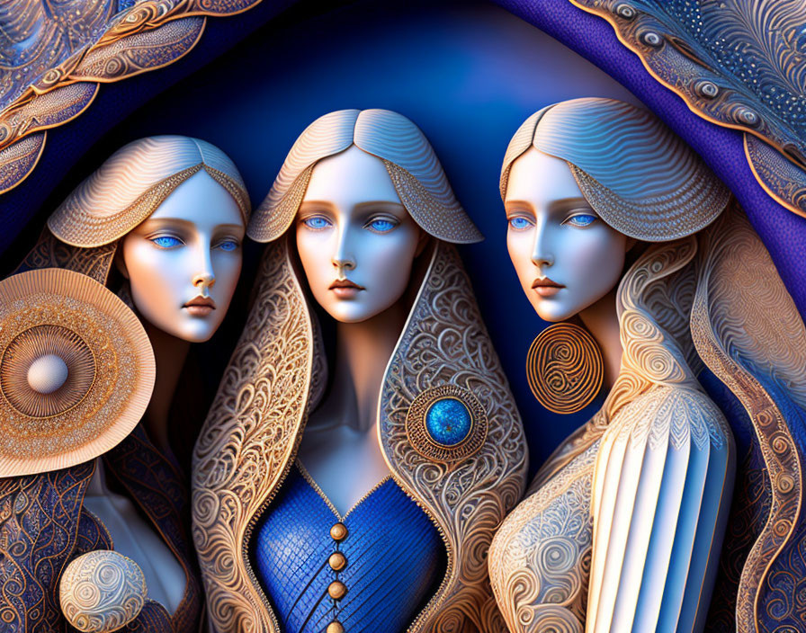 Stylized female figures with intricate designs in rich blue tones