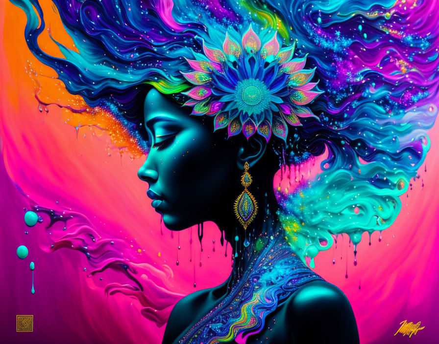 Colorful digital artwork: Woman with mandala hair on neon background