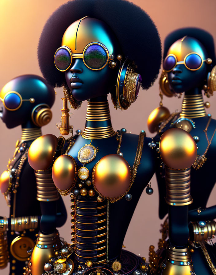 Futuristic digital artwork: Three robotic figures with afros and sunglasses