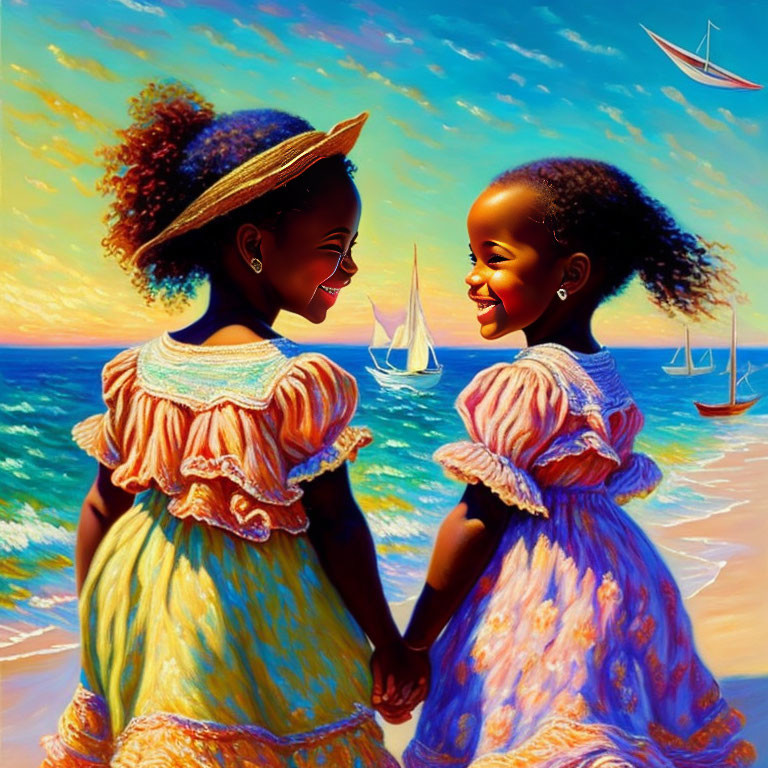 Smiling girls in vintage dresses on beach with sailboats