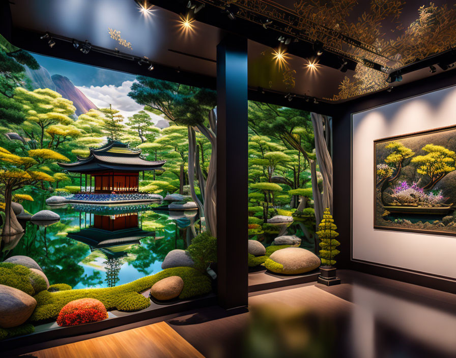 Immersive Art Exhibit Room with Vibrant Japanese Garden Murals