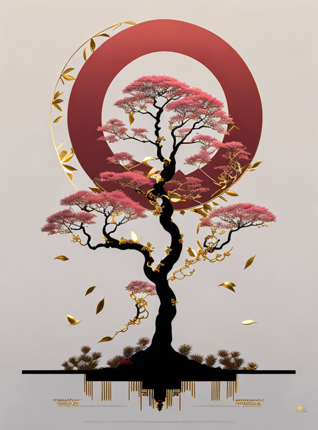 Stylized tree with pink foliage and golden accents on red backdrop