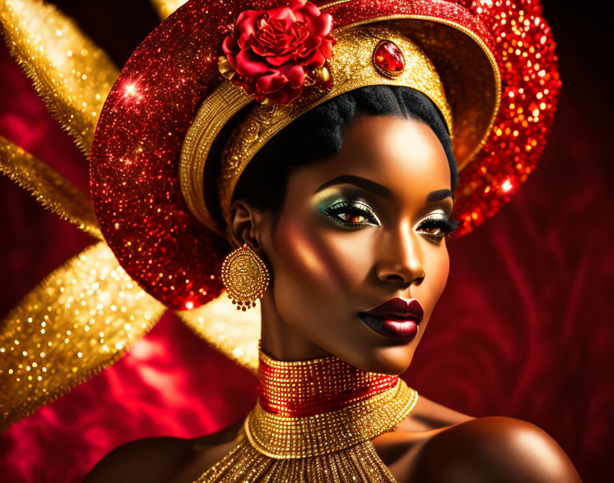 Portrait of woman with glamorous makeup in red bejeweled hat and accessories on red background