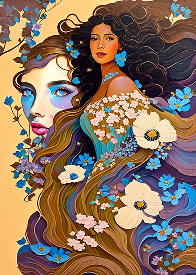 Vibrant blue and earth tone illustration of two women with flowing hair and flowers